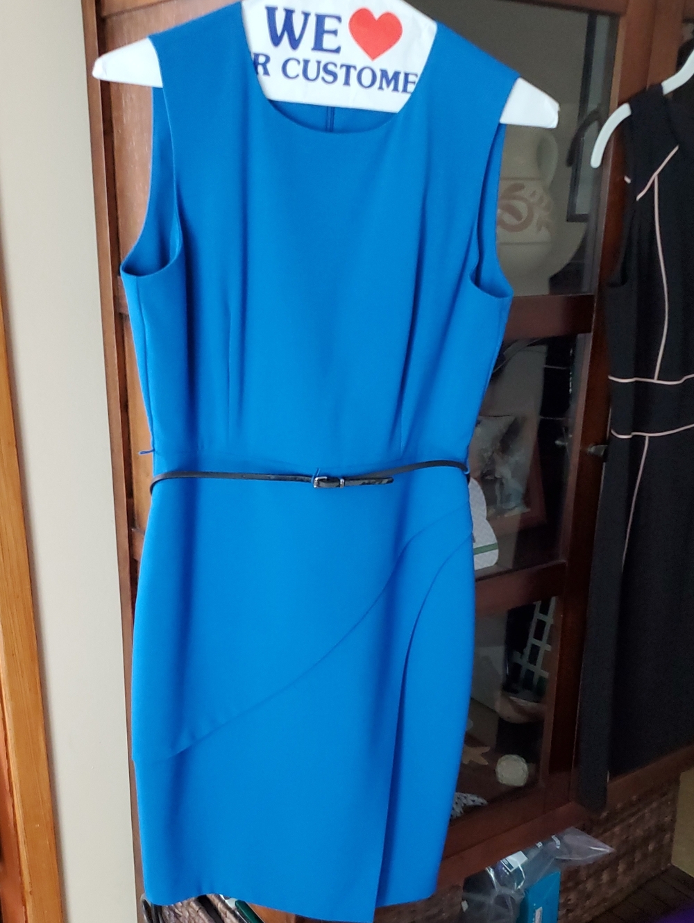 Calvin Klein Vibrant Blue Sleeveless Midi Sheath with Slim Black Belt
